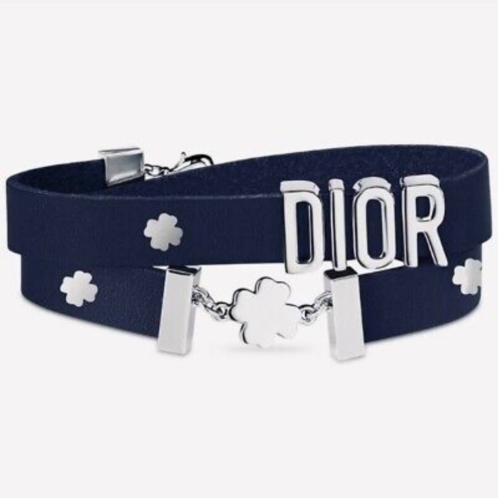 DIOR Rare Dark Blue Leather Clover Logo Bracelet/Choker